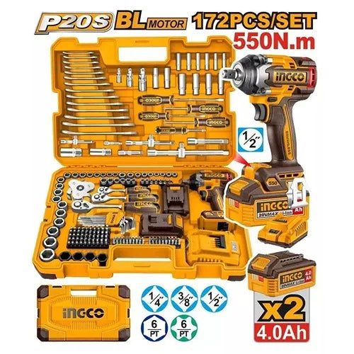 INGCO HKTHP41723 20V Lithium-Ion 172-Pcs Cordless Impact Wrench & Professional Mechanics Tool Kit (700Nm)