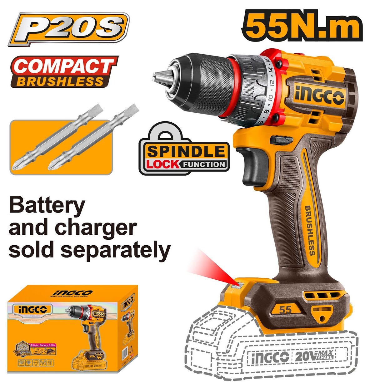 Ingco Compact Brushless Cordless Drill 20V - CDLI205581