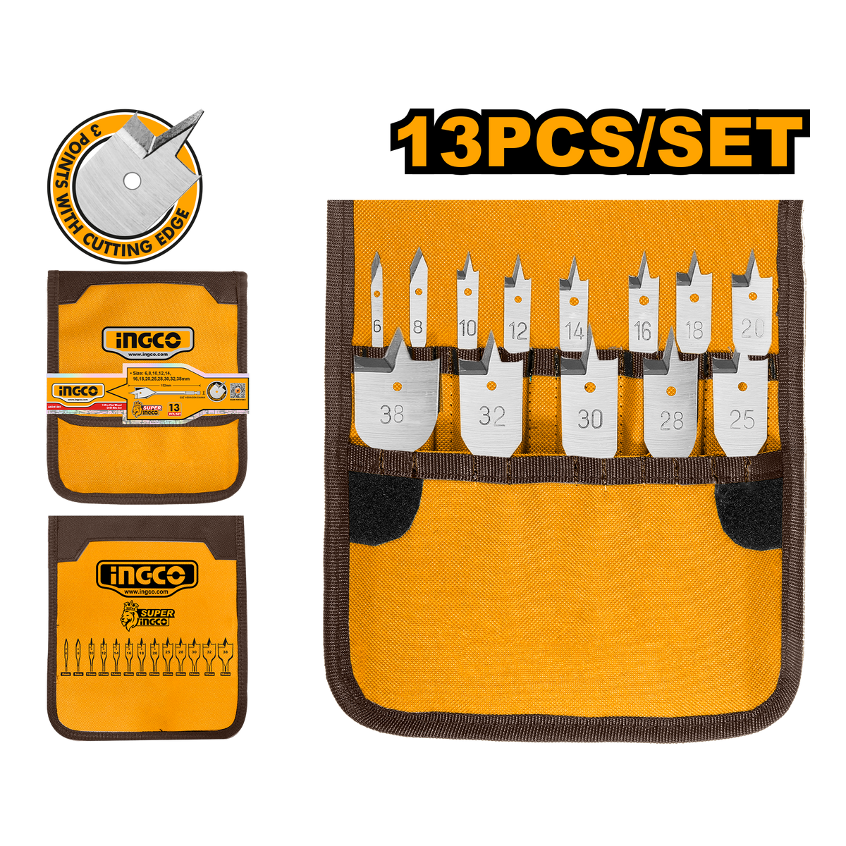 Ingco AKD41301 13 Pcs Flat Wood Drill Bits Set - Sizes 6mm to 38mm, 1/4" Hex Shank, 152mm Length, Packed by Canvas Bag