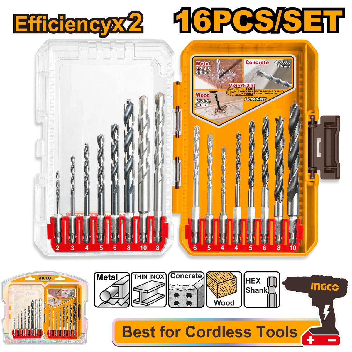 Ingco 16 Pcs Metal Masonry And Wood Drill Bits Set AKDL11608 - Size 2,3,4,5,6,8mm