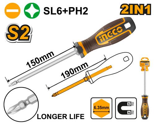 Ingco 2 In 1 Screwdriver Set AKISD26150 - Shank Size 6.35*192mm, Blade Exposed Length 150mm