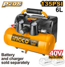 INGCO CACLI2003 40V Lithium-ion Air Compressor - 6L Tank, 135PSI Max Pressure, High Flow