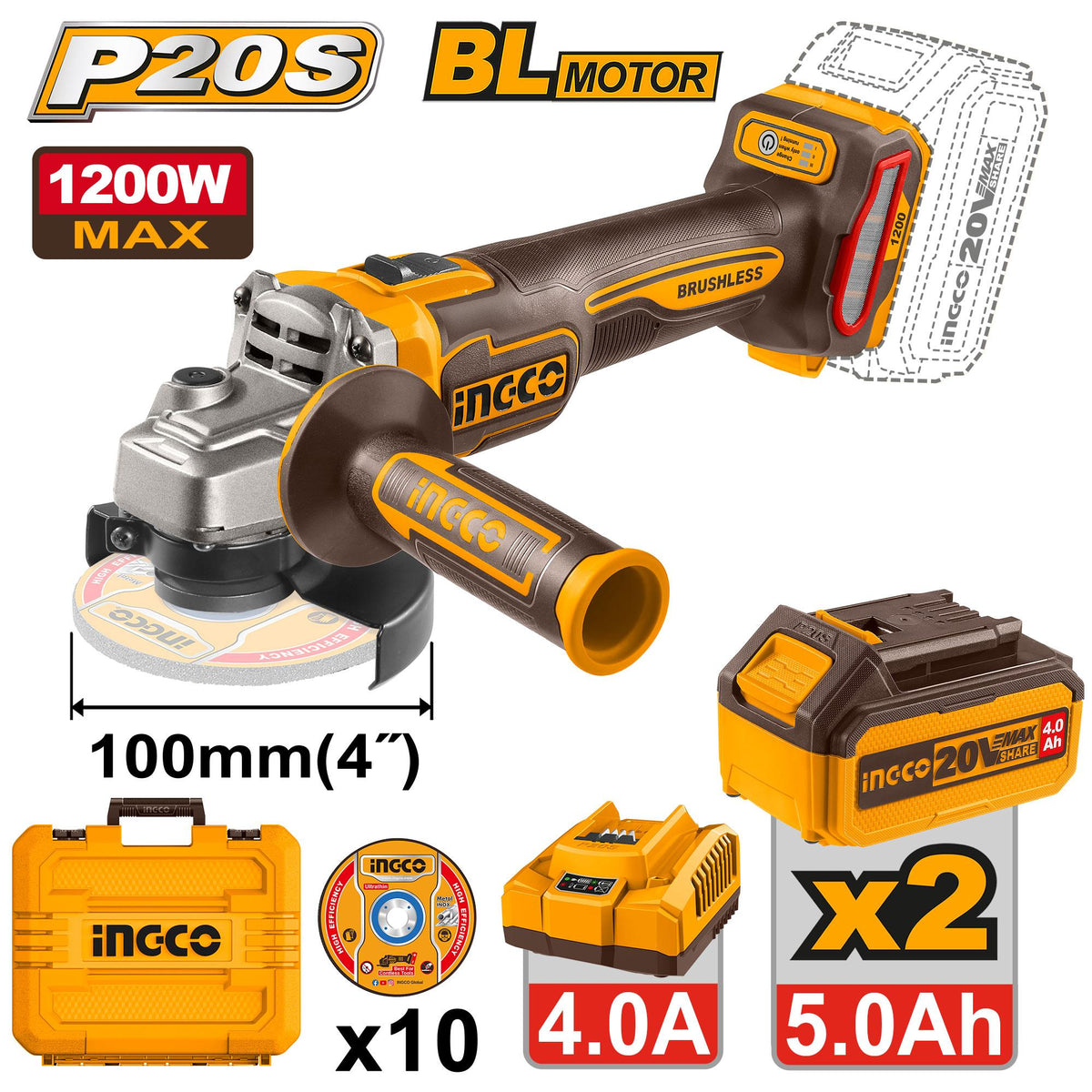 NGCO CAGLI2210032 20V Brushless Cordless Angle Grinder Kit | 1200W Power, 3-Speed Control, 5.0Ah Dual Batteries & 10 Cutting Discs