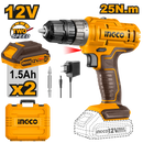 Ingco CDLI1228 12V Cordless Drill with 2-Speed Gear, Dual 1.5Ah Batteries, and Carrying Case