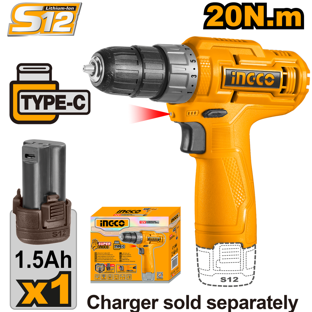 Ingco CDLI12428 12V Cordless Drill with 20Nm Torque, USB Type-C