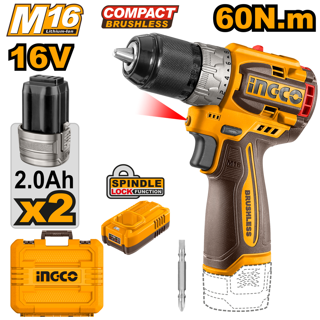 Ingco CDLI16682 16V Compact Brushless Cordless Drill with 60Nm