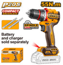 INGCO CDLI205581 20V Compact Brushless Cordless Drill | 55Nm Torque, 13mm Metal Chuck, Dual Speed – Battery & Charger Not Included
