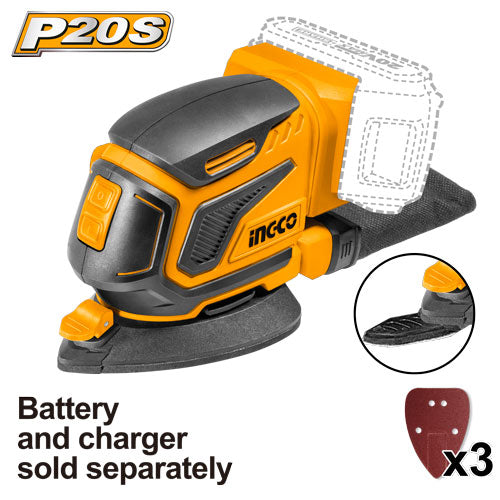 Ingco CDSLI2051 20V Lithium-Ion Palm Sander with 13000rpm No-Load Speed and 3 Sand Paper Accessories