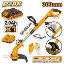 Ingco CGTLI20301 20V Lithium-Ion Grass Trimmer - 8200rpm No-Load Speed, 300mm Cutting Diameter, Edging Function, Safety Goggles, Gloves, 2.0Ah Battery, Charger