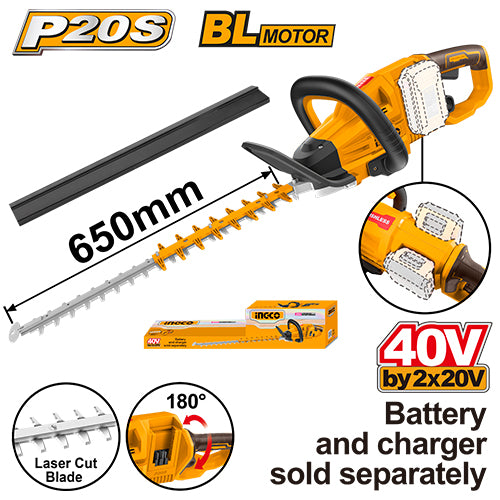 Ingco CHTLI40028 40V Lithium-Ion Hedge Trimmer with Brushless Motor and 650mm Blade Cutting Length