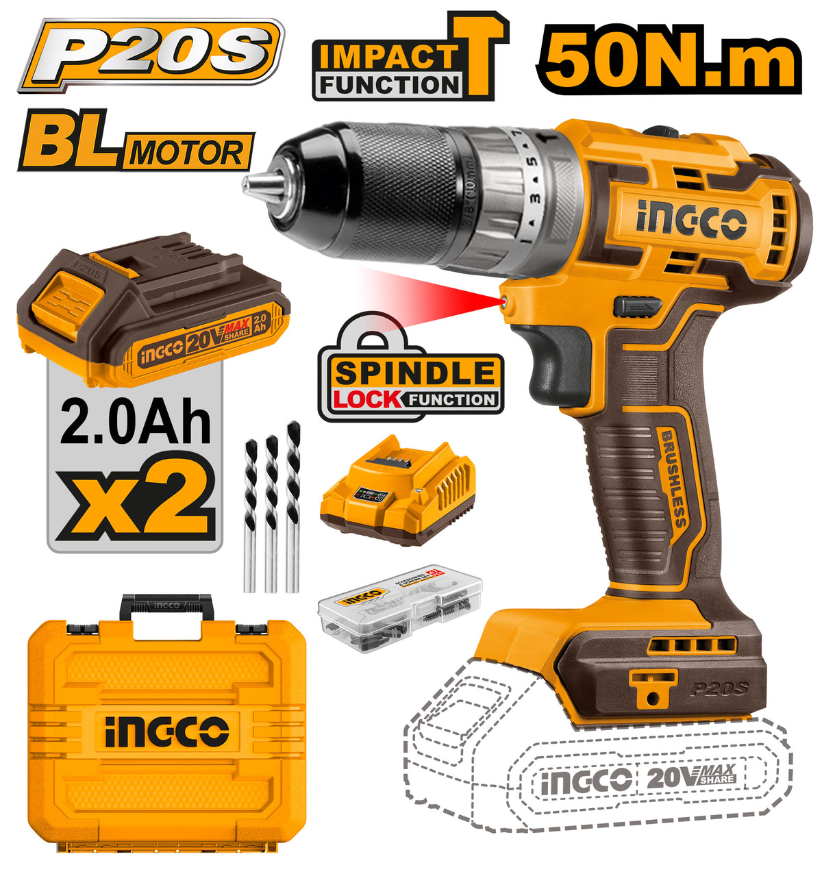 Ingco CIDLI20508 20V Lithium-Ion Brushless Impact Drill with 50Nm Max Torque and Auto-Lock Keyless Chuck