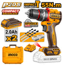 INGCO CIDLI20558 20V Compact Brushless Cordless Impact Drill Kit with 47 Accessories | 55Nm Torque, 13mm Chuck, Dual Battery & Carry Case