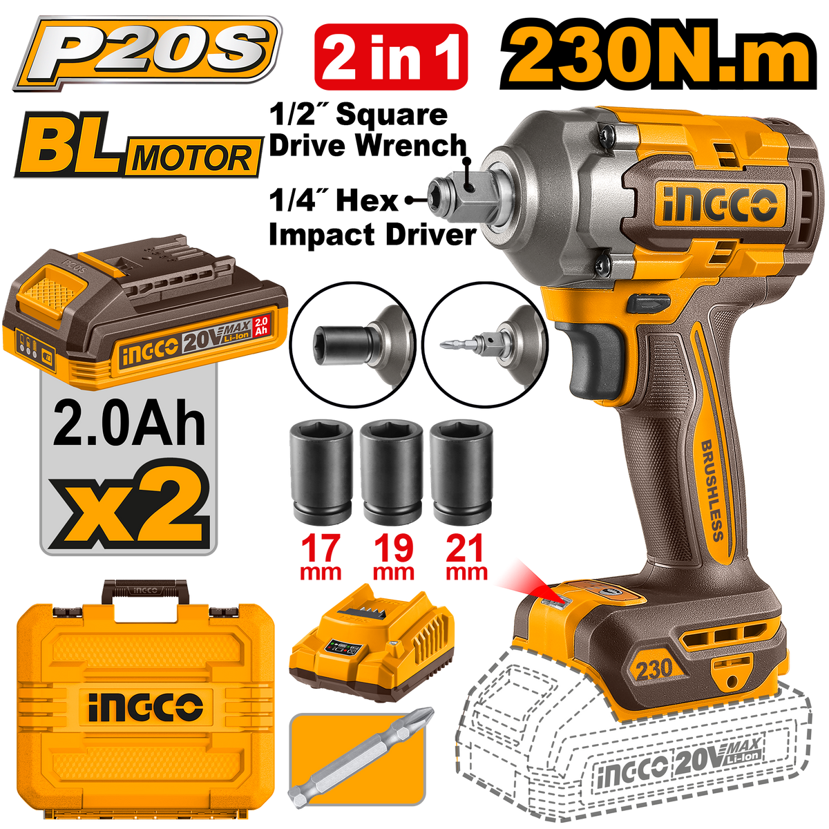 INGCO CIWLI20236 20V Lithium-Ion Brushless 2-in-1 Cordless Impact Driver & Wrench (230Nm) - Multi-Function Industrial Tool