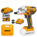 Ingco CIWLI2038 20V Impact Wrench - 300Nm Max Torque, 1/2" Square Drive, Integrated Work Light, 2x Sockets, 2x 2.0Ah Battery Packs, Charger