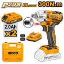 Ingco CIWLI2038 20V Impact Wrench - 300Nm Max Torque, 1/2" Square Drive, Integrated Work Light, 2x Sockets, 2x 2.0Ah Battery Packs, Charger