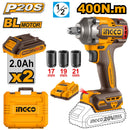 Ingco CIWLI2040 20V Cordless Impact Wrench - Brushless Motor, 400Nm Torque, LED Light, Dual Battery Pack