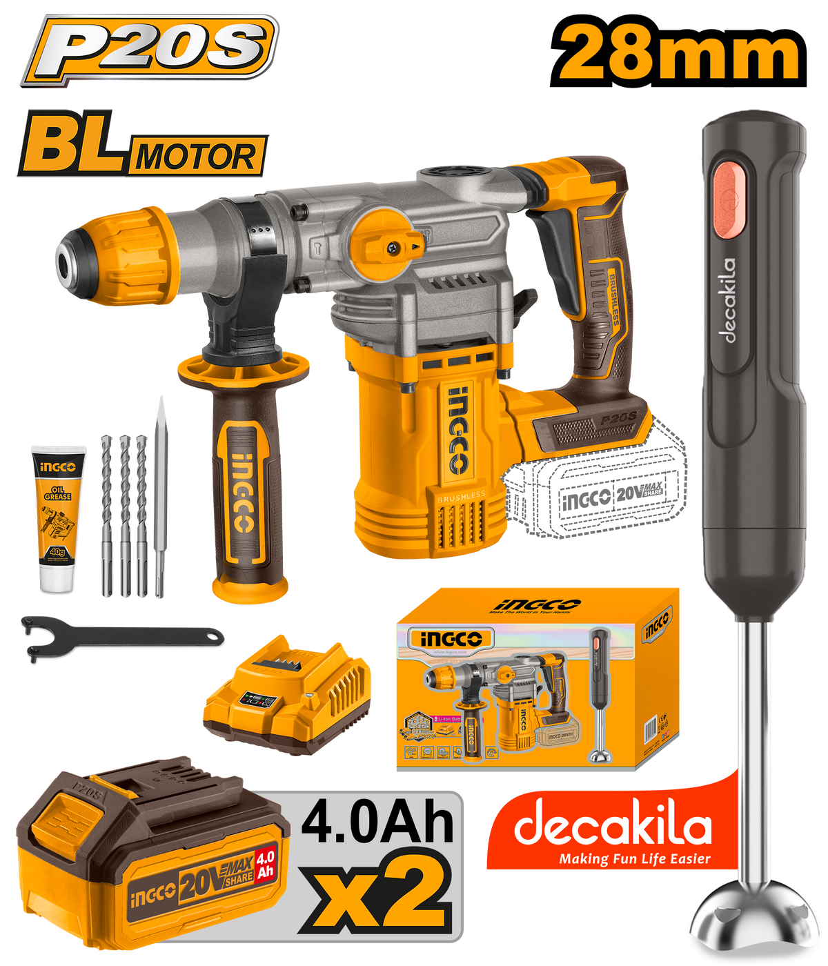 Ingco COSLI231001 20V Cordless Combo Kit - Rotary Hammer & Hand Blender, 4.5J Impact Energy, Dual 4.0Ah Batteries