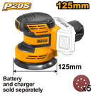 INGCO CROSLI2001 20V Lithium-ion Random Orbit Sander - 10000rpm Speed, 125mm Bottom Size