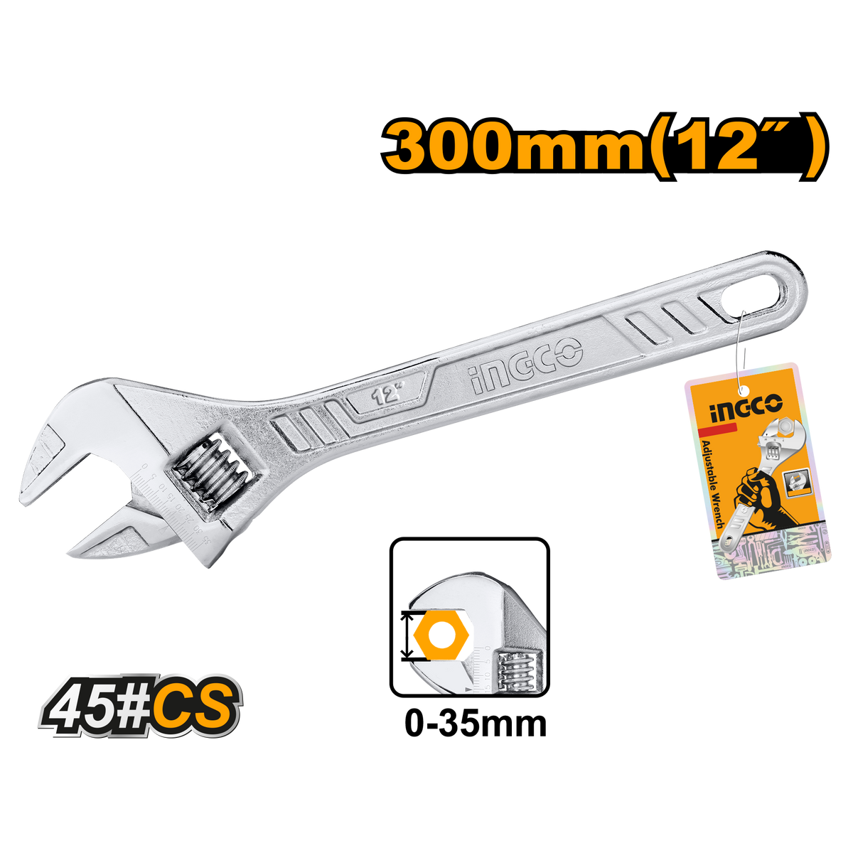 Ingco HADW131122 Adjustable Wrench - 12", Clamp Size: 0-35mm