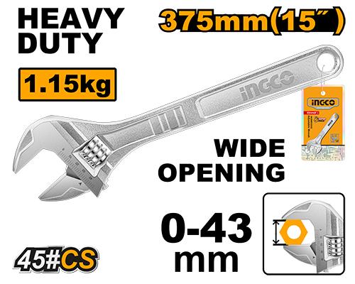 Ingco Adjustable Wrench HADW131152 - Adjustable Clamp Size 0-43mm, Length 375mm(15")