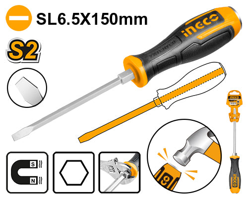 Ingco HGTS686150 Slotted Go-Through Screwdriver - S2 Industrial Steel, Hex Shank