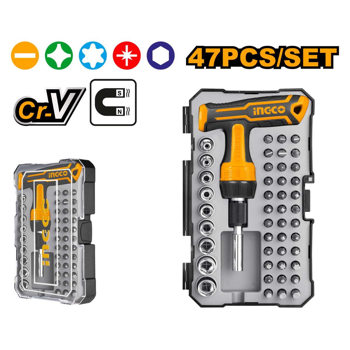 Ingco HKSDB0478 47-Piece T-Handle Wrench Screwdriver Set - Screwdriver Bits and Sockets