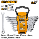 Ingco HKSPAR1083: 8 Pcs Flexible Ratchet Spanner Set - High-Quality Cr-Mo Construction, Sizes 8-19mm, Fine Polished, CR-V, Plastic Hanger Packaging