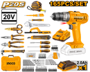 Ingco HKTHP11651 165-Piece Tool Set with 20V Cordless Impact Drill, Hand Tools, and Drill Bits