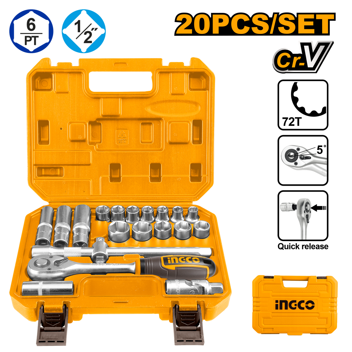Ingco HKTS12201 20-Piece 1/2" Socket Set with Ratchet Handle