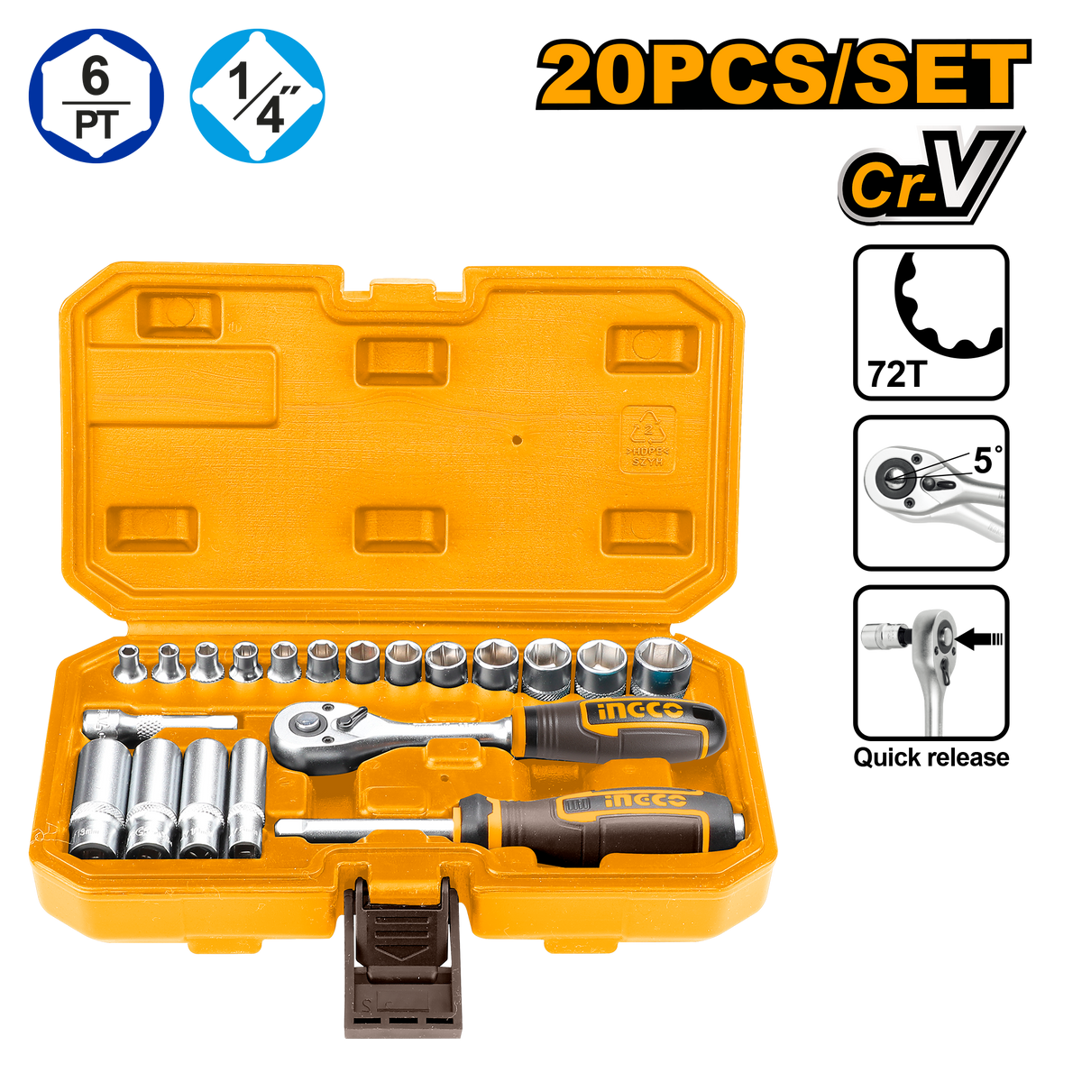 Ingco HKTS14201 20-Piece 1/4" Socket Set with Ratchet Handle