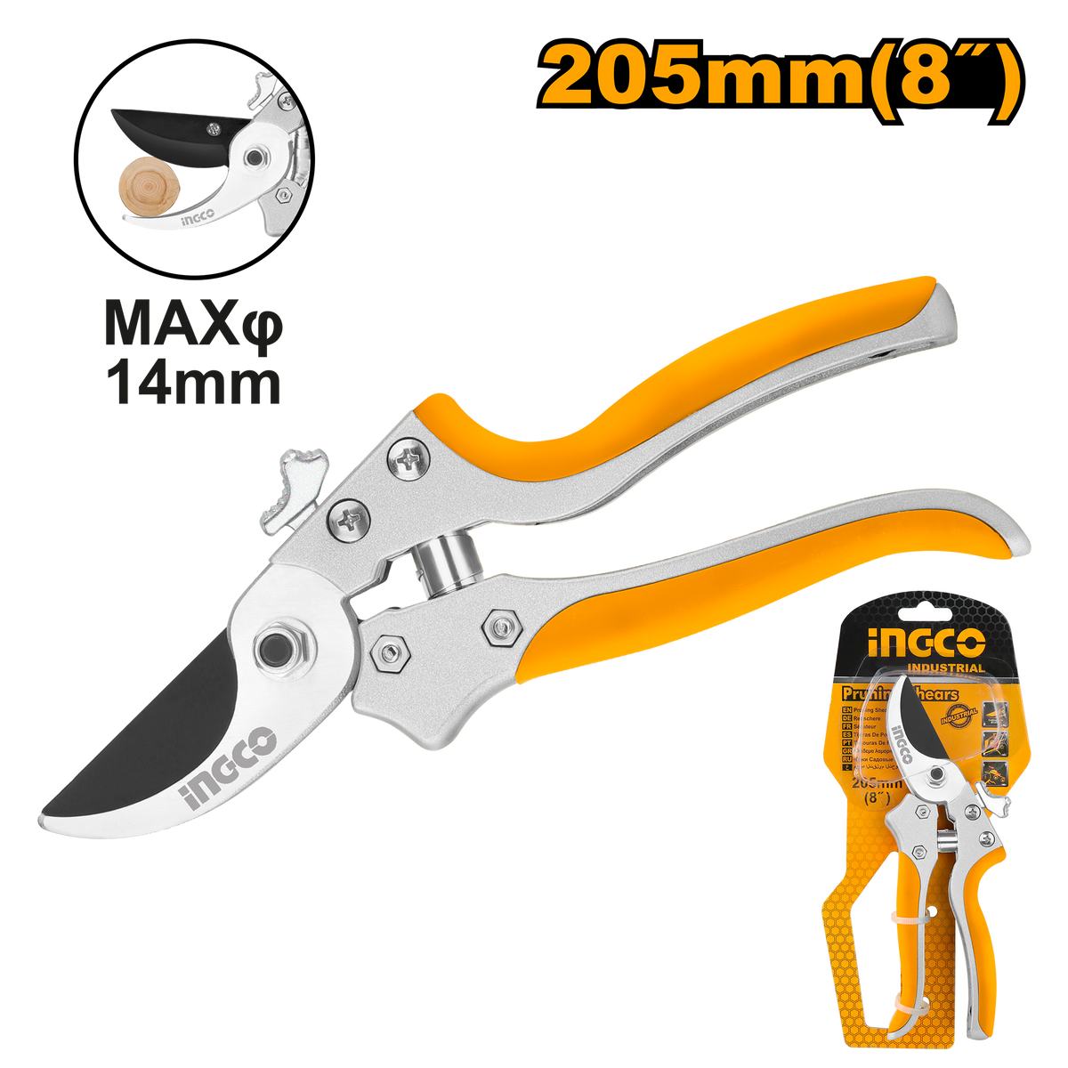 Ingco HPS0308 Pruning Shear - 8" (205mm), Aluminum Handle with Soft TPR Grip