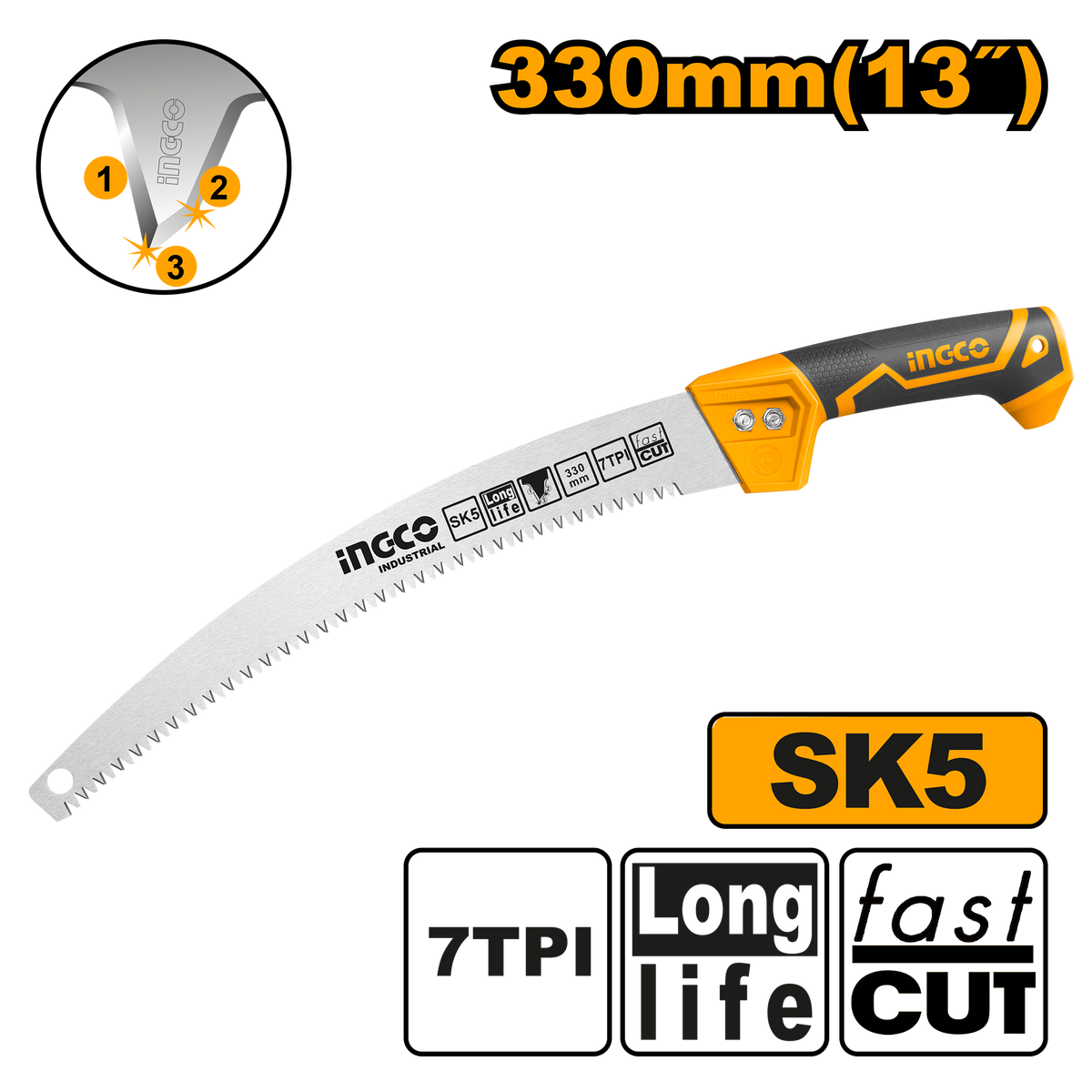 Ingco HPS3308: 13-inch Pruning Saw - Taiwan SK5 Material, 7TPI, Heat Treatment Teeth, Triple Teeth, Extension Bar Function, Fast Cut, Long Life