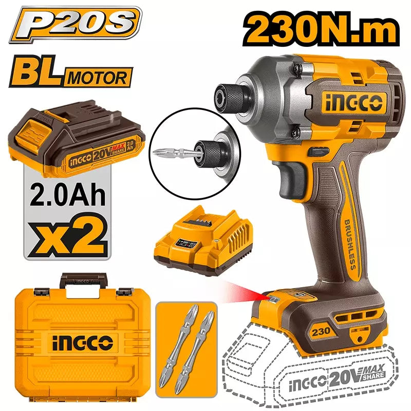 INGCO CIRLI2023 20V Lithium-Ion Brushless Cordless Impact Driver (230Nm) – Industrial Grade High-Torque Driver