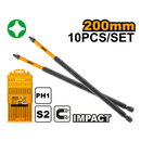Ingco SDBIM11PH183 Impact Screwdriver Bits - PH1, 200mm, 10pcs/set, High Visibility Sleeve, S2 Industrial Steel, Packed by Plastic Box