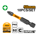 Ingco SDBIM11PH223 Impact Screwdriver Bits - PH2, 50mm, 10pcs/set, High Visibility Sleeve, S2 Industrial Steel, Packed by Plastic Box