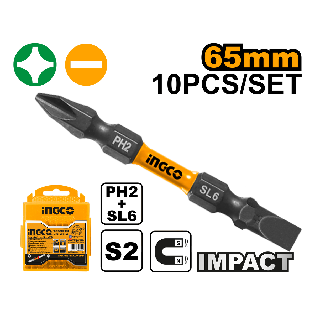 Ingco SDBIM21HL133 Impact Screwdriver Bits - PH2+SL6.0*1.0, 65mm, 10pcs/set, High Visibility Sleeve, S2 Industrial Steel, Packed by Plastic Box