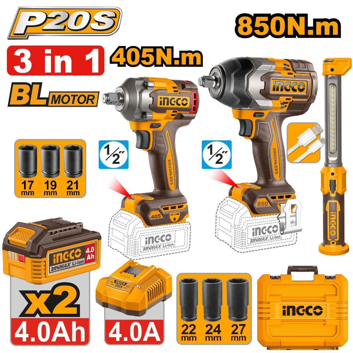 INGCO COSLI251085 20V Cordless Brushless 3-Pcs Automotive Combo Kit (1000Nm & 555Nm Wrench + Magnetic Work Lamp)