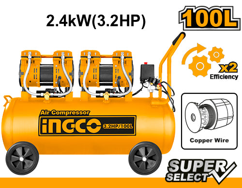 Ingco Air compressor 100L (26.4Gal) 3.2HP Oil free system ACS2241001