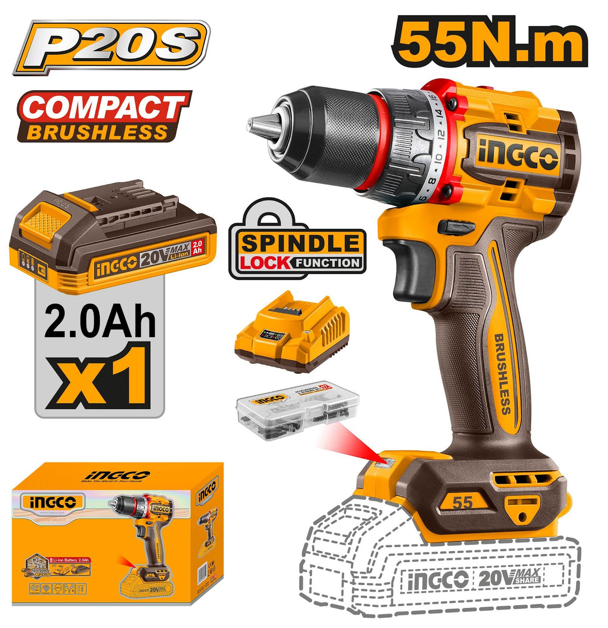 Ingco Compact Brushless Cordless Drill 20V - CDLI205582