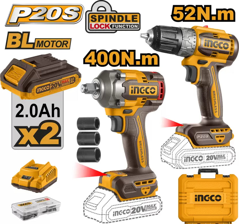 Ingco CKLI20271 20V Cordless Combo Kit - Drill & Impact Wrench, Brushless Motor, 400Nm Torque, 47 Accessories