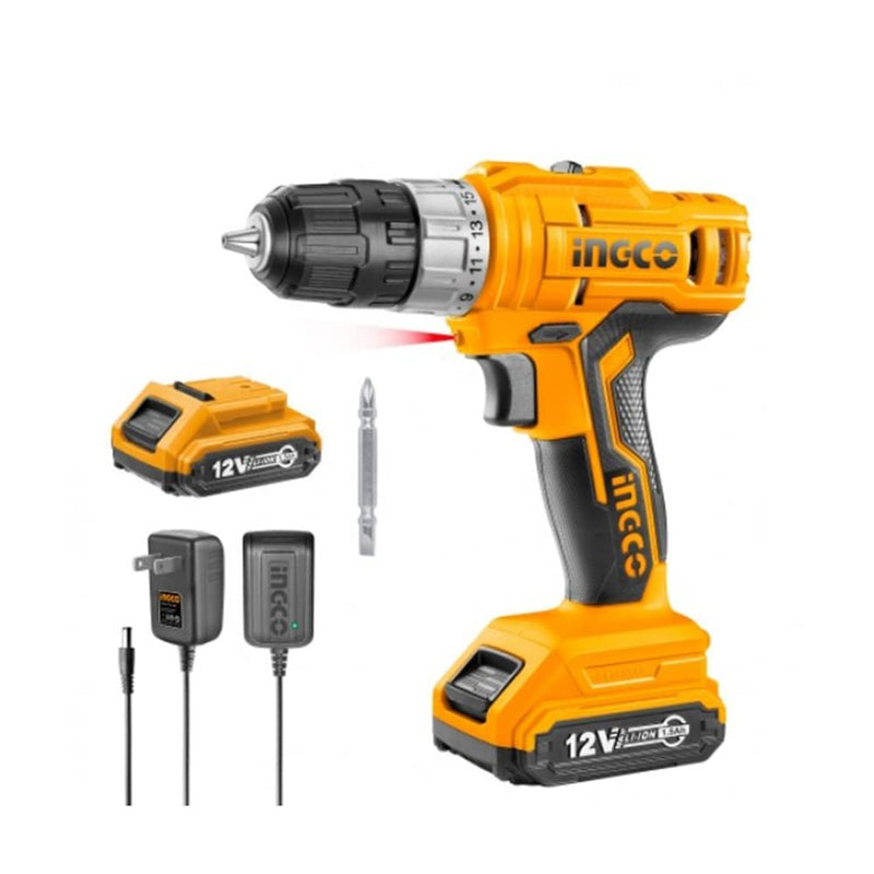 Ingco 12V Lithium-Ion Cordless Drill CDLI1221 - 2-Speed Gear, 15+1 Torque Settings, Integrated Work Light