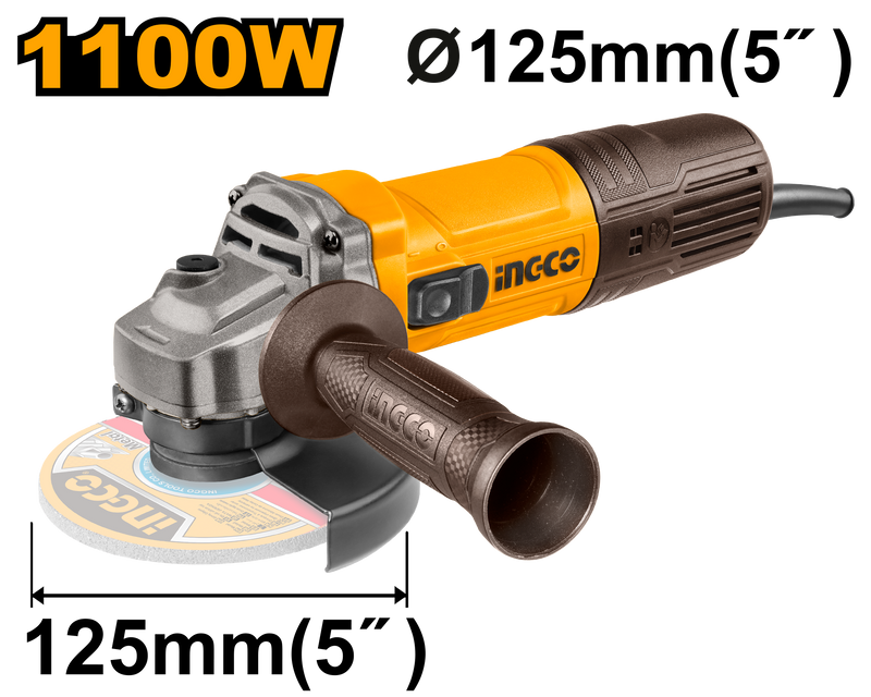 Ingco AG110028 Angle Grinder - Powerful 1100W, 125mm Disc, Variable Speed