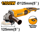 Ingco AG1100385 Variable Speed Angle Grinder - 1100W, 125mm Disc, Adjustable RPM