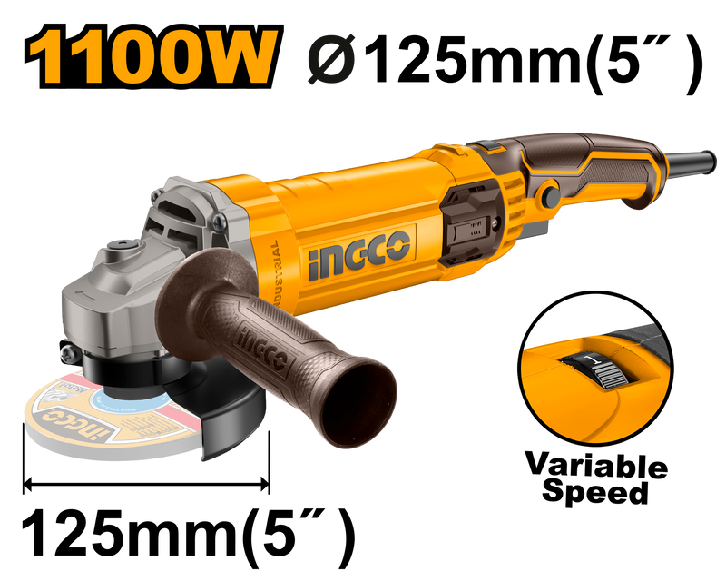 Ingco AG1100385 Variable Speed Angle Grinder - 1100W, 125mm Disc, Adjustable RPM