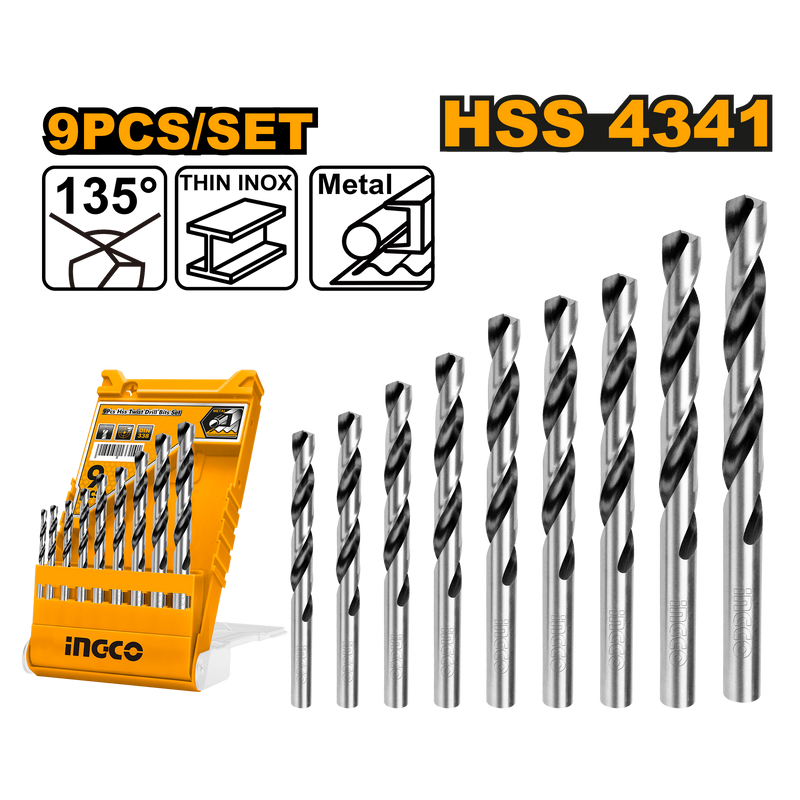 Ingco AKD1095: 9-Piece HSS 4341 Twist Drill Bits Set - Versatile Sizes from 2mm to 10mm