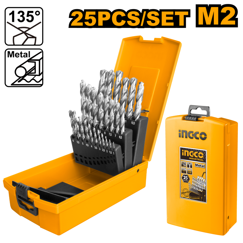 Ingco AKD1251: 25-Piece Fully Ground HSS Drill Bits Set - Precision Sizes from 1.0mm to 13mm