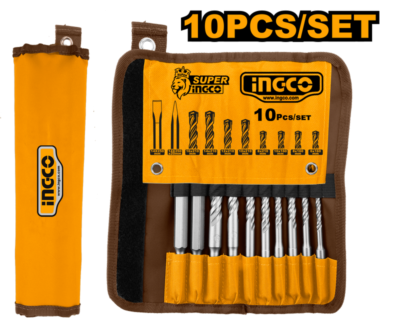 Ingco AKD2101: 10-Piece SDS Plus Hammer Drill Bits and Chisels Set