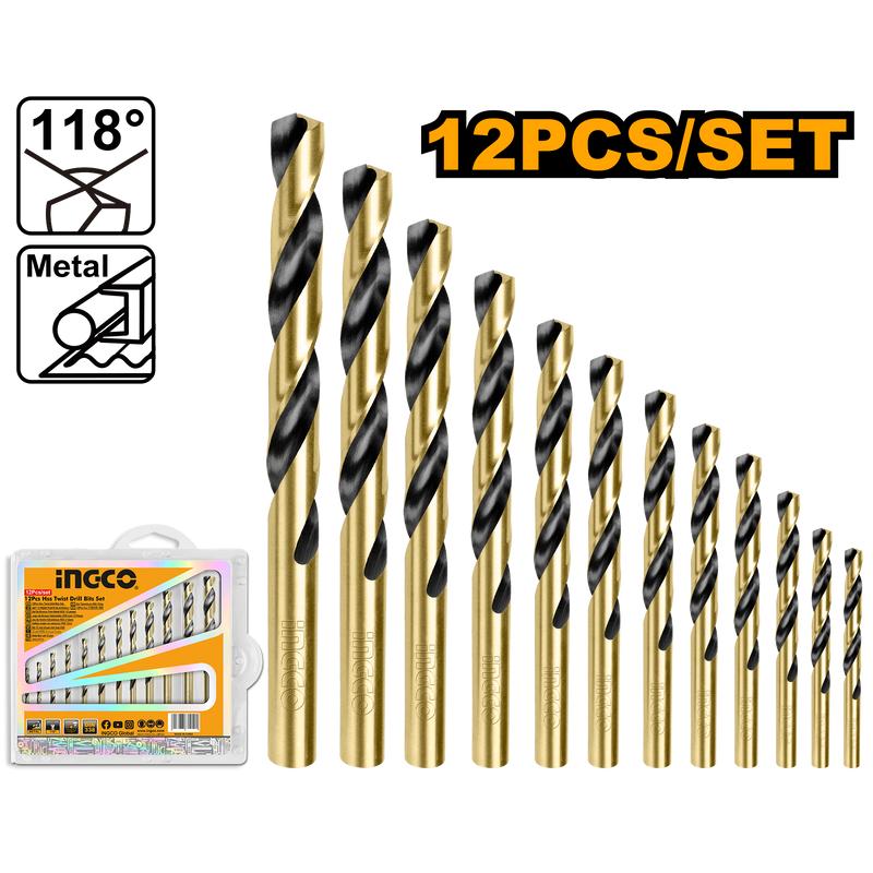 Ingco AKDB1125 12 Pcs HSS Twist Drill Bits Set - Sizes 2mm to 8mm, Packed by Double Blister