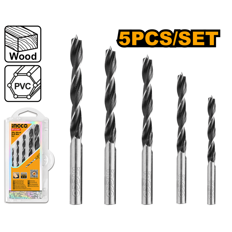 Ingco AKDB5055 5 Pcs Wood Drill Bits Set - Sizes 3x61mm, 4x75mm, 5x86mm, 6x93mm, 8x117mm, Packed by Double Blister