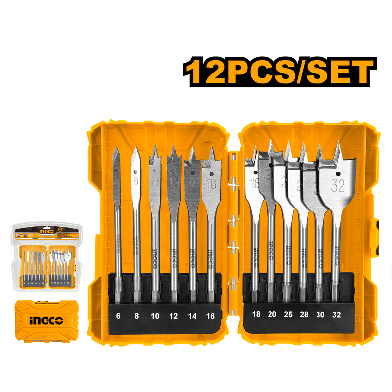 Ingco AKDL1201: 12-Piece Flat Wood Drill Bits Set - Precise Drilling in Various Sizes (6mm to 32mm